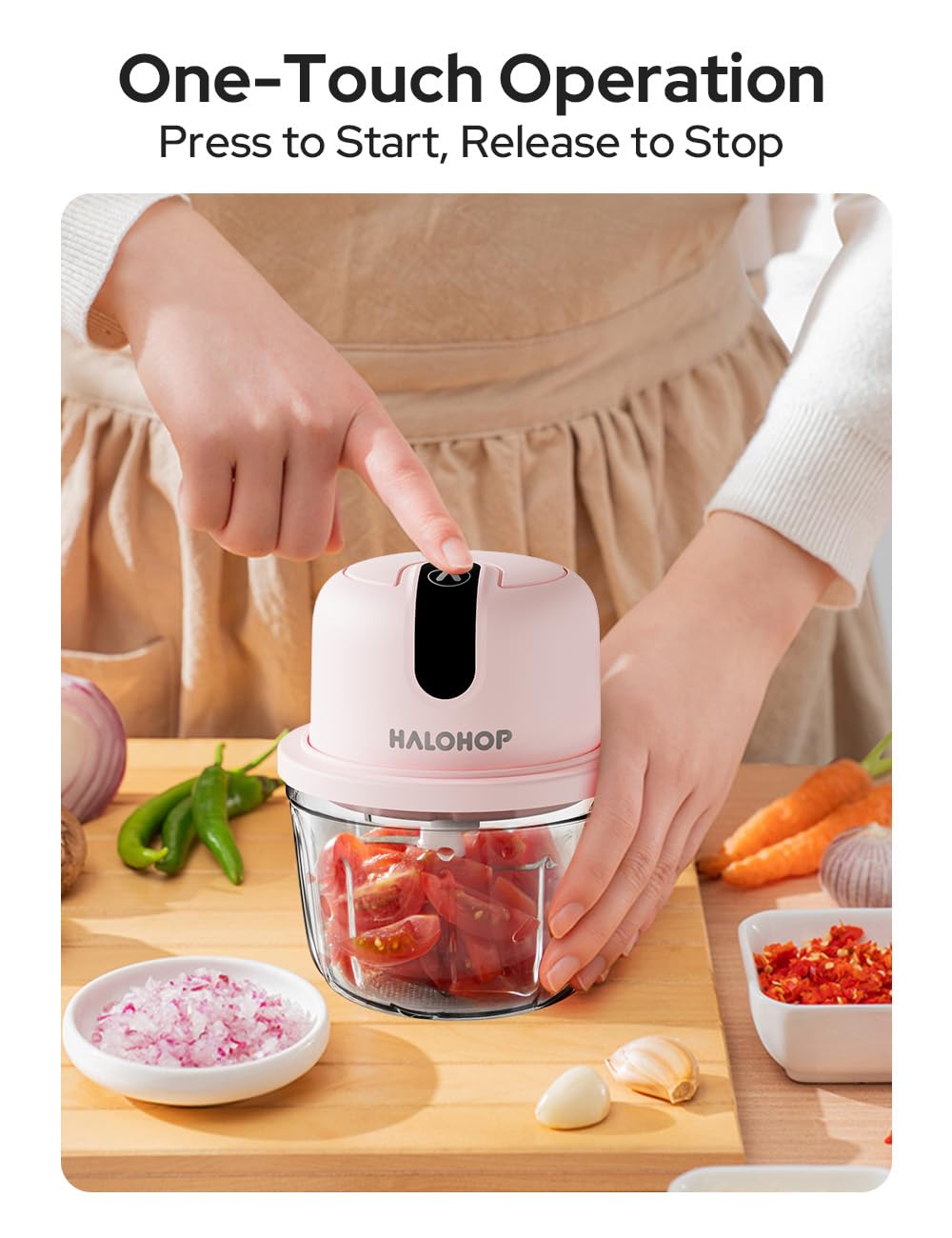 Halohop 350ML Electric Vegetable Chopper for Kitchen | Rechargeable Stainless Steel Blades Cutter | One-Touch Operation for Mincing Vegetable, Garlic, Ginger, Onion, Nut | 1 Year Warranty (Pink)