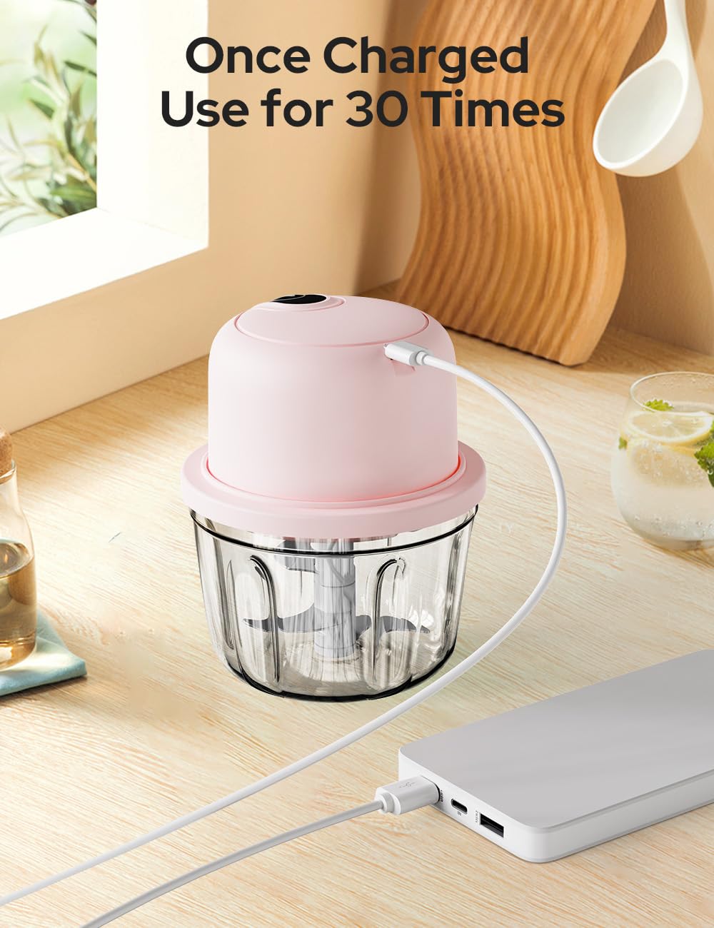 Halohop 350ML Electric Vegetable Chopper for Kitchen | Rechargeable Stainless Steel Blades Cutter | One-Touch Operation for Mincing Vegetable, Garlic, Ginger, Onion, Nut | 1 Year Warranty (Pink)