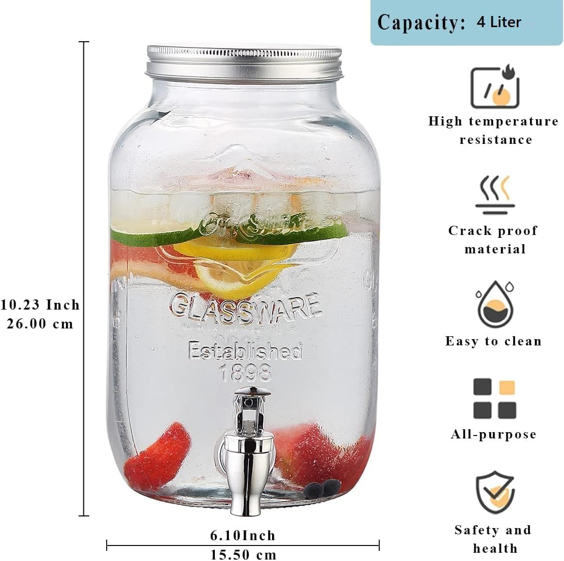 EVATTA 4 Litre Glass Juice Dispenser - Water Pitcher for Detox Water - Mason Jar - Counter Table Top Infused Water & Beer Dispenser - Airtight Lid Pitcher for Home & Kitchen Glassware, Restaurant