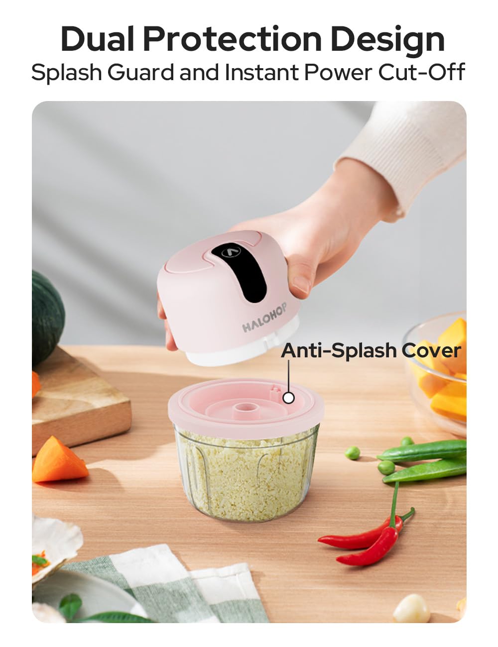 Halohop 350ML Electric Vegetable Chopper for Kitchen | Rechargeable Stainless Steel Blades Cutter | One-Touch Operation for Mincing Vegetable, Garlic, Ginger, Onion, Nut | 1 Year Warranty (Pink)