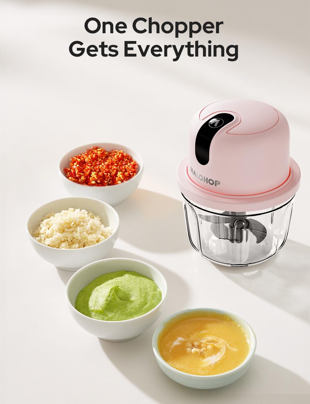 Halohop 350ML Electric Vegetable Chopper for Kitchen | Rechargeable Stainless Steel Blades Cutter | One-Touch Operation for Mincing Vegetable, Garlic, Ginger, Onion, Nut | 1 Year Warranty (Pink)