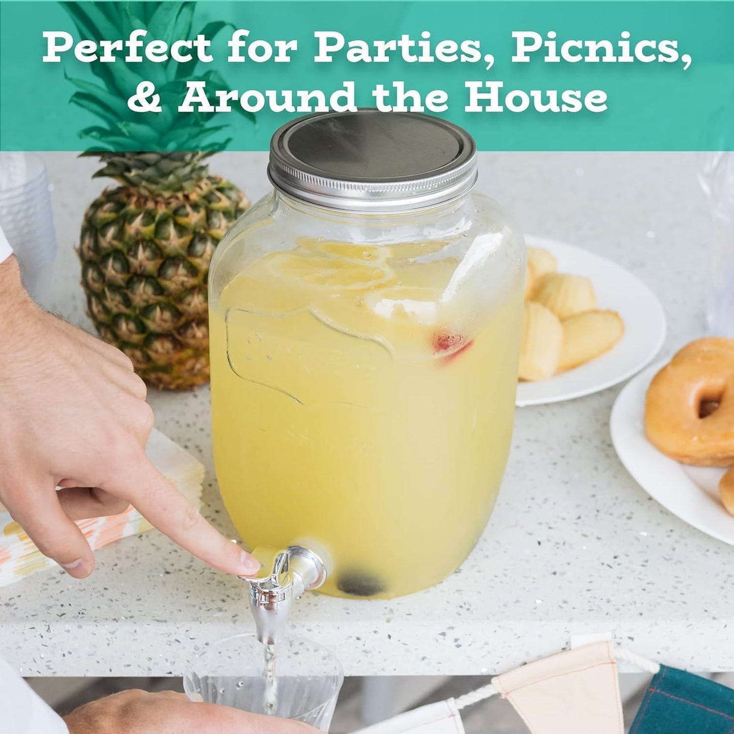 EVATTA 4 Litre Glass Juice Dispenser - Water Pitcher for Detox Water - Mason Jar - Counter Table Top Infused Water & Beer Dispenser - Airtight Lid Pitcher for Home & Kitchen Glassware, Restaurant