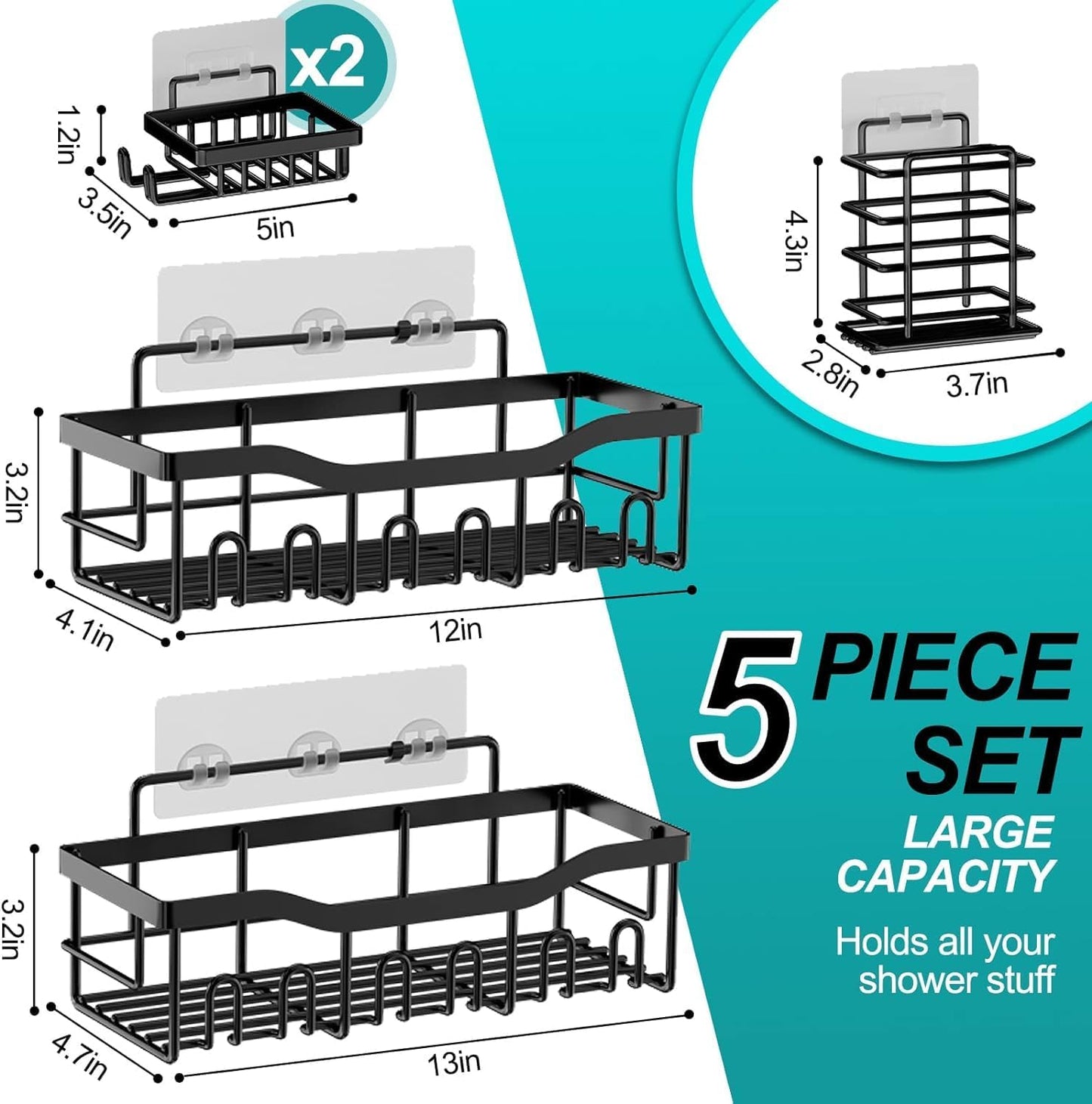 Shower Caddy 5 Pack,Adhesive Shower Organizer for Bathroom Storage&Home Decor&Kitchen,No Drilling,Large Capacity,Rustproof Stainless Steel Bathroom Organizer,Shower Shelves for Inside Shower