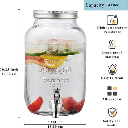 EVATTA 4 Litre Glass Juice Dispenser - Water Pitcher for Detox Water - Mason Jar - Counter Table Top Infused Water & Beer Dispenser - Airtight Lid Pitcher for Home & Kitchen Glassware, Restaurant