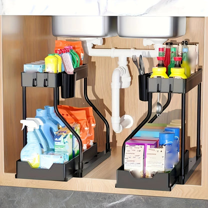 Space Saving 2 Tier Pull Out Storage Box Durable Large Capacity Kitchen Bathroom Essential Drawer Organizer